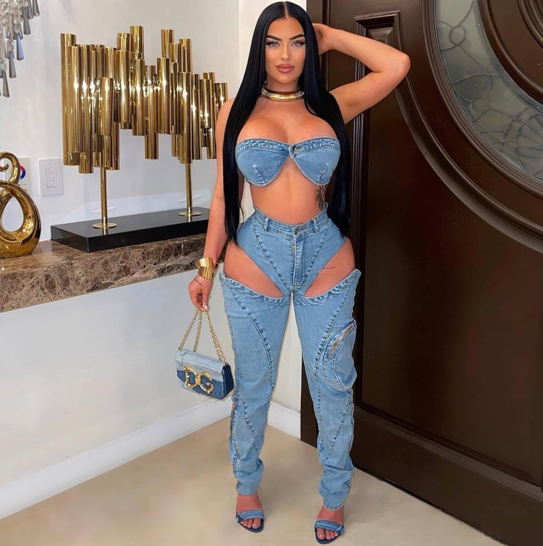 Denim Split Pant Set